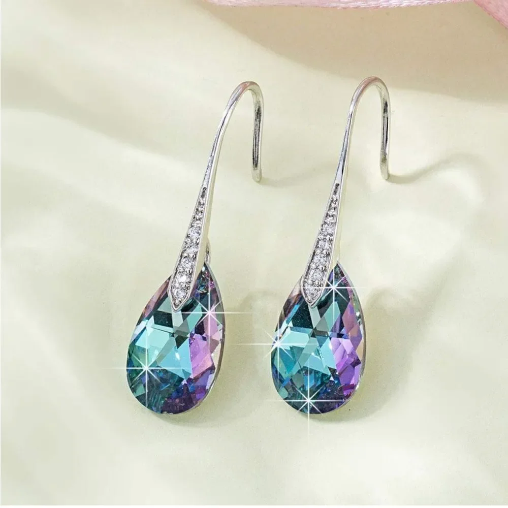 14K White Gold with Vitrail Light Austrian Crystal Teardrop Drop Hook Earrings
